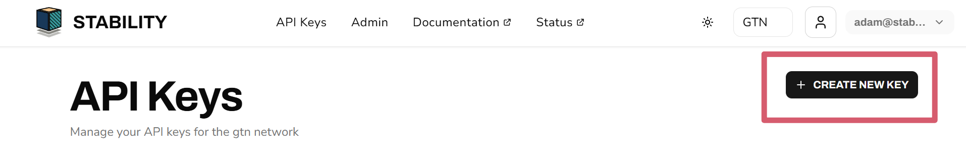 Stability Account Portal Screen with Create API Key Button Highlighted