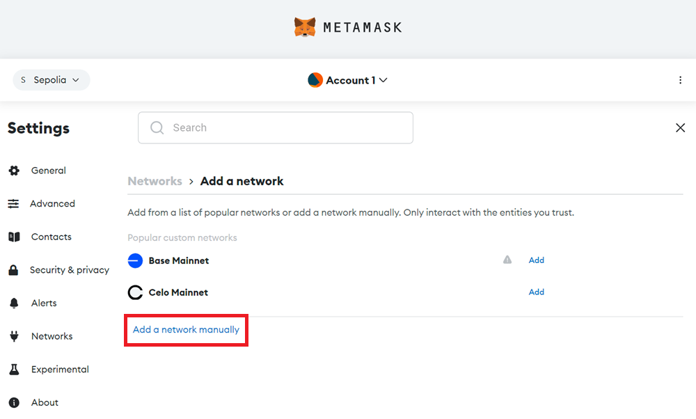 Metamask Add Network Screen with 'Add a network manually' Highlighted