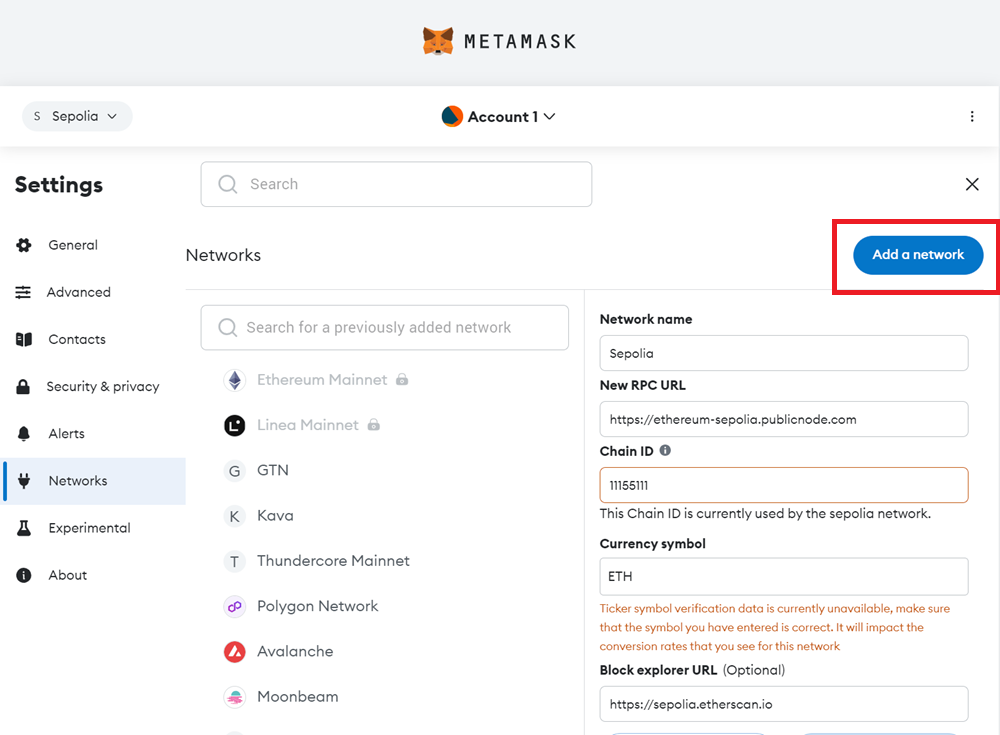 Metamask Networks Screen with 'Add a network' Button Highlighted